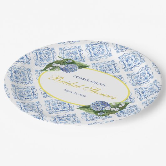 Hydrangeas Blue Tile Paper Teller (Schrägansicht)