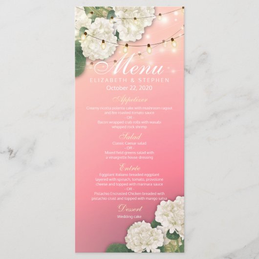 Hydrangeas-Blume für das Hochzeitmenü String Light Menükarte (Vorderseite)