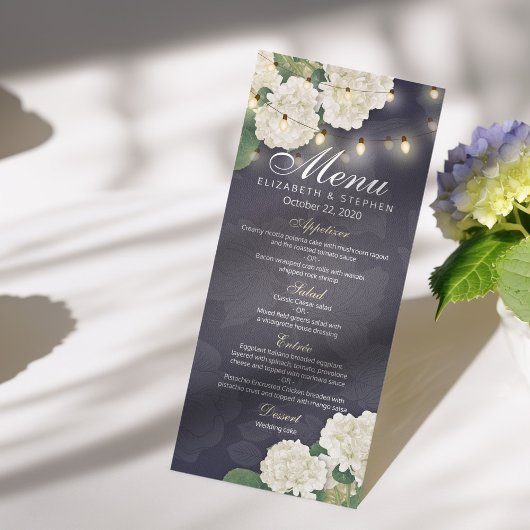 Hydrangeas Blume String Lights Blue Wedding Menu Menükarte