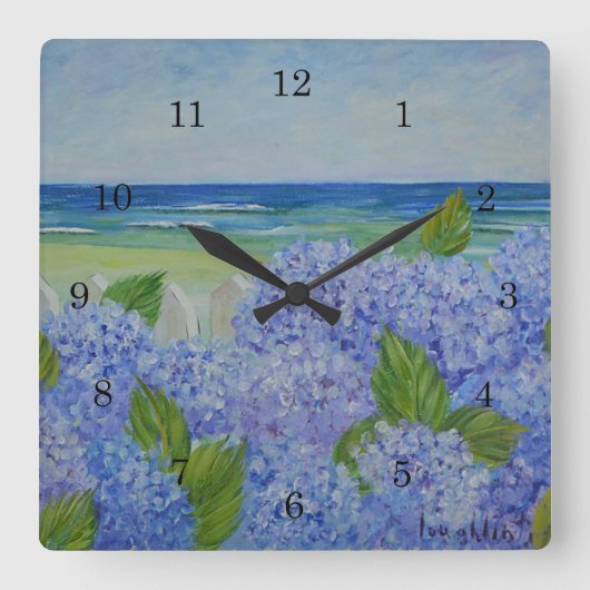Hydrangeas By The Sea Wall Clock Quadratische Wanduhr (Vorderseite)