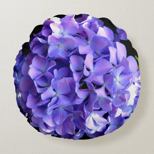 Hydrangeas, lila blauer Blume Rundes Kissen (Vorderseite)
