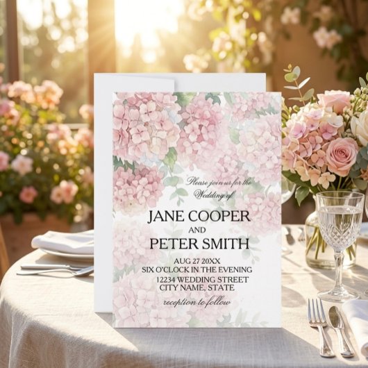 Hydrangeas pastel pink colours. Wedding Invitation Einladung