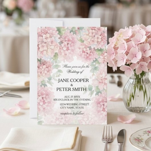 Hydrangeas pastel pink colours. Wedding Invitation Einladung