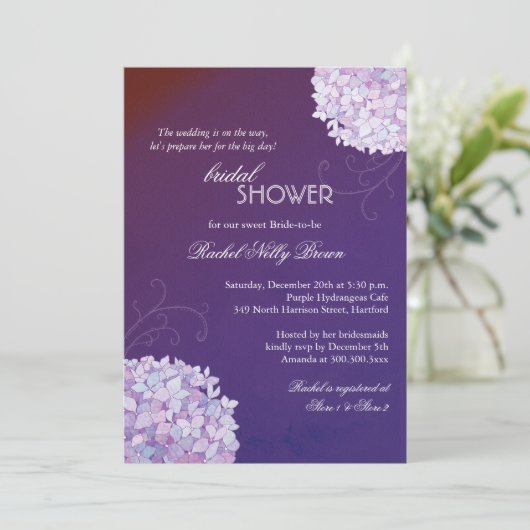 Hydrangeas Posh Plum Brautparty Einladung (Stehend Vorderseite)