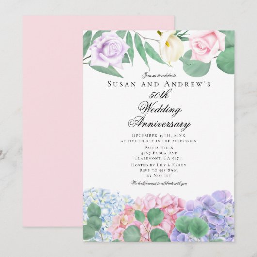 Hydrangeas Roses Wedding Anniversary Invitations Einladung (Vorne/Hinten)