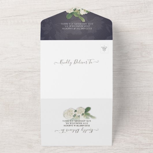 Hydrangeas String Lights Blue Flowers Wedding RSVP All In One Einladung (Außenbereich)