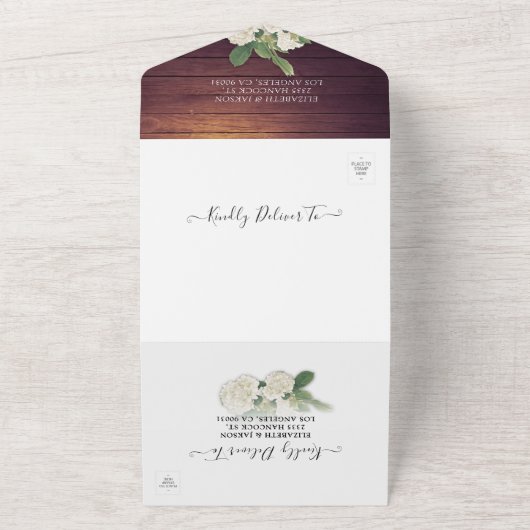 Hydrangeas String Lights Rustic Wood Wedding RSVP All In One Einladung (Außenbereich)