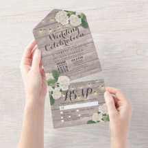 Hydrangeas String Lights Rustic Wood Wedding RSVP