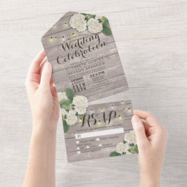 Hydrangeas String Lights Rustic Wood Wedding RSVP All In One Einladung