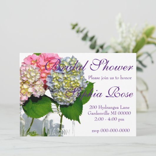 Hydrangeas und Mason jar Einladung (Stehend Vorderseite)