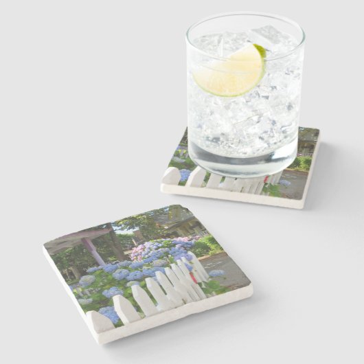 Hydrangeas und Picket Fence - Martha's Vineyard Steinuntersetzer (Seitenansicht)