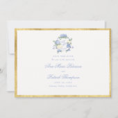 Hydrangeas Wappen Blue Ivory Gold Frame Wedding Save The Date (Vorderseite)