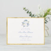 Hydrangeas Wappen Blue Ivory Gold Frame Wedding Save The Date (Stehend Vorderseite)