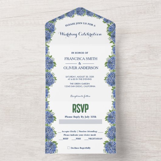 Hydrangeas Wasserfarbe in einer Hochzeitsreise All In One Einladung (Innen Boden)