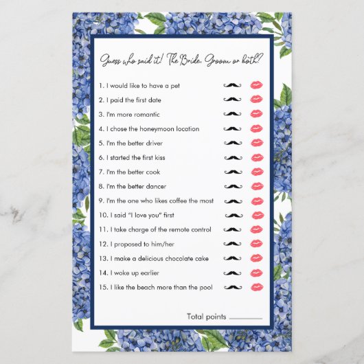 Hydrangeas Wasserfarbe Ratet Wer Brautparty Spiel (Vorderseite)