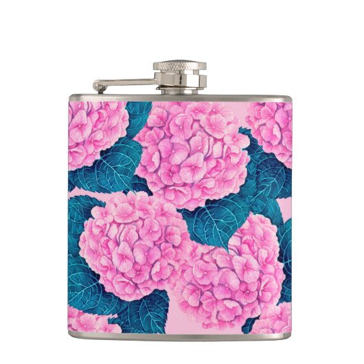 Hydrangeen-Wasserfarbenmuster, rosa und blau Flachmann (Vorderseite)