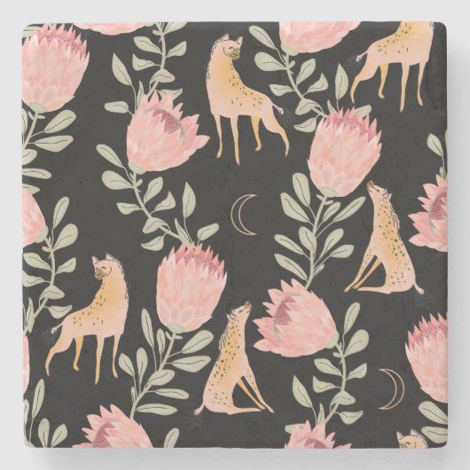 Hyena & Protea: Dunkles Vintages Muster Steinuntersetzer (Vorderseite)