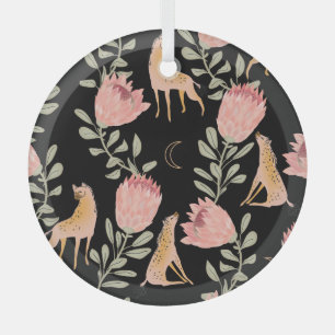 Hyena & Protea: Schwarzer Hintergrund Nahtlos Ornament Aus Glas