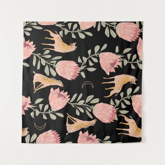 Hyena & Protea: Schwarzer Hintergrund Nahtlos Wandteppich (Vorderseite (Horizontal))