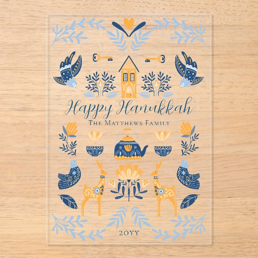 Hygge Blue | Yellow Unique Happy Hanukkah Acryleinladungen (Vorderseite)