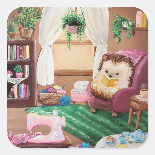 Hygge Igel Quadratischer Aufkleber (Vorderseite)