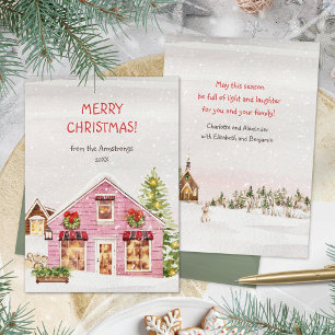Hygge Watercolor Pink Cottage Winter Weihnachten