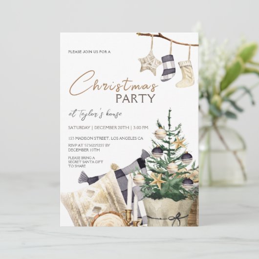 Hygge Watercolor Tree | Weihnachts-Party Einladung (Stehend Vorderseite)