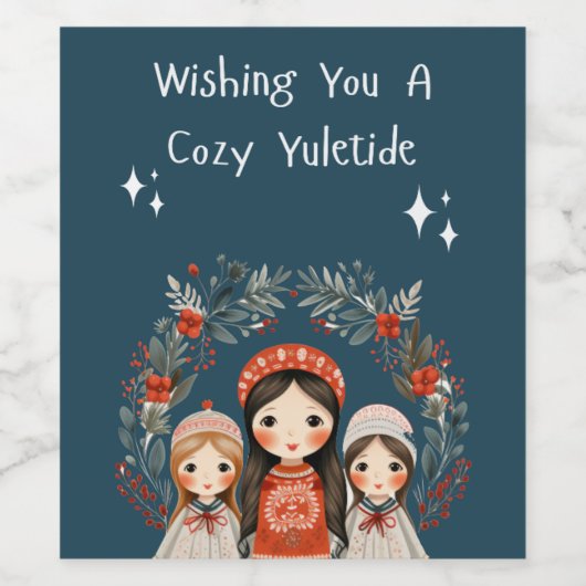 Hygge Weihnachtsmütter & Daughters-Kranz Weinetikett (Einzelnes Label)