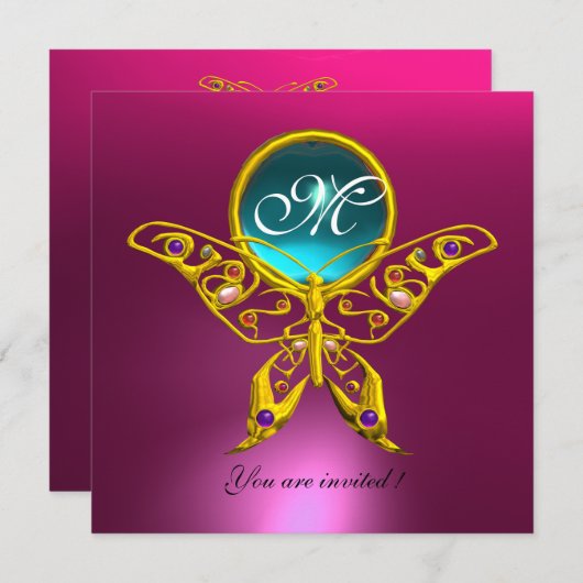 HYPER BUTTERFLY MONOGRAM, blau, aquamarinrosa Einladung (Vorne/Hinten)