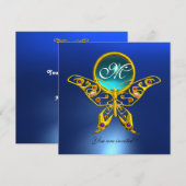 HYPER BUTTERFLY MONOGRAM, blau, Turquase aquamarin Einladung (Vorne/Hinten)