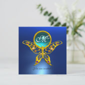HYPER BUTTERFLY MONOGRAM, blau, Turquase aquamarin Einladung (Stehend Vorderseite)