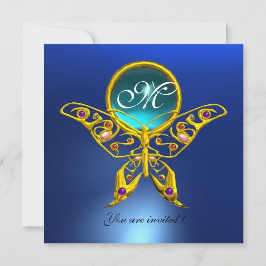 HYPER BUTTERFLY MONOGRAM, blau, Turquase aquamarin Einladung (Vorderseite)