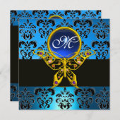 HYPER BUTTERFLY MONOGRAM, blauer Damast, Saphir Einladung (Vorne/Hinten)