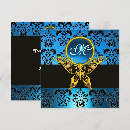HYPER BUTTERFLY MONOGRAM, blaues Damastassephire Einladung (Vorne/Hinten)