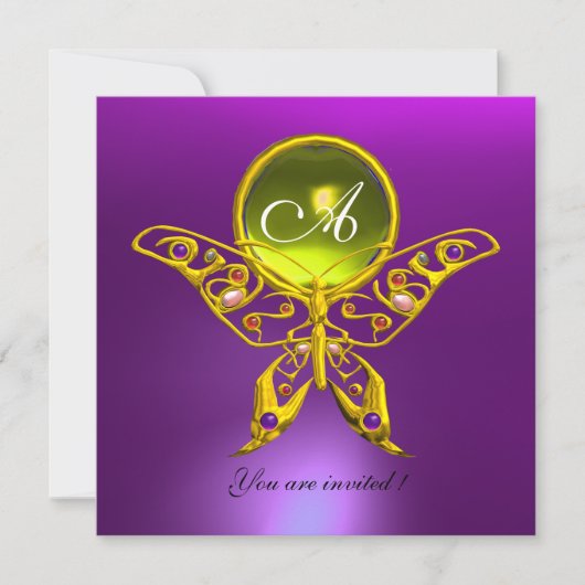 HYPER-BUTTERFLY-MONOGRAM, Gelbtopaz, lila Einladung (Vorderseite)