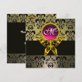 HYPER BUTTERFLY MONOGRAM, Grauer Damast rosa rubin Einladung (Vorne/Hinten)