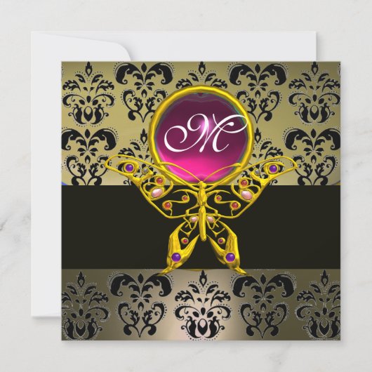 HYPER BUTTERFLY MONOGRAM, Grauer Damast rosa rubin Einladung (Vorderseite)