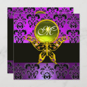 HYPER-BUTTERFLY-MONOGRAM, lila Damast, gelber Edel Einladung (Vorne/Hinten)