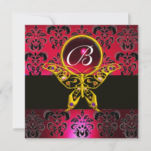 HYPER BUTTERFLY MONOGRAM Red Burgundy Damask Gem Einladung (Vorderseite)
