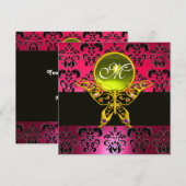 HYPER BUTTERFLY MONOGRAM, rosa Damast, gelber Edel Einladung (Vorne/Hinten)