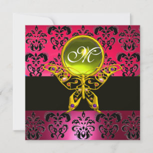 HYPER BUTTERFLY MONOGRAM, rosa Damast, gelber Edel Einladung