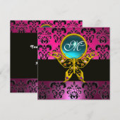HYPER BUTTERFLY MONOGRAM, rosa, lila Damassoblau Einladung (Vorne/Hinten)