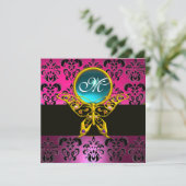 HYPER BUTTERFLY MONOGRAM, rosa, lila Damassoblau Einladung (Stehend Vorderseite)