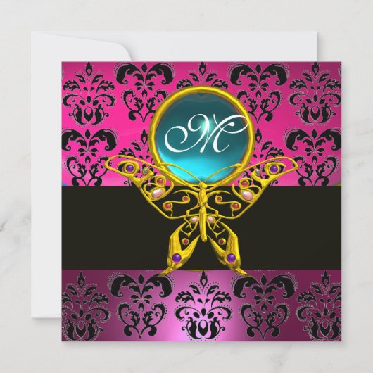HYPER BUTTERFLY MONOGRAM, rosa, lila Damassoblau Einladung (Vorderseite)