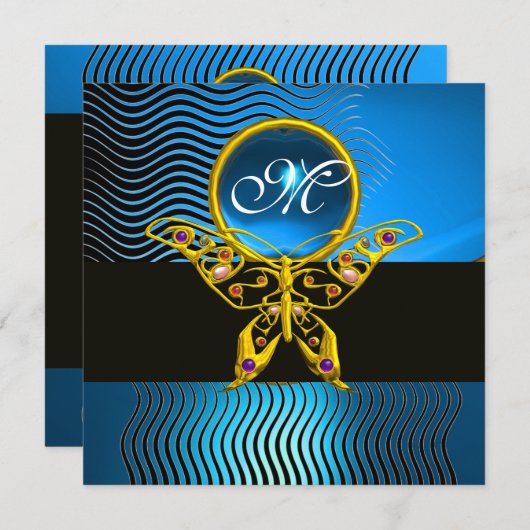 HYPER BUTTERFLY MONOGRAM, Wellenblauer Saphir Einladung (Vorne/Hinten)