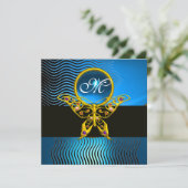 HYPER BUTTERFLY MONOGRAM, Wellenblauer Saphir Einladung (Stehend Vorderseite)