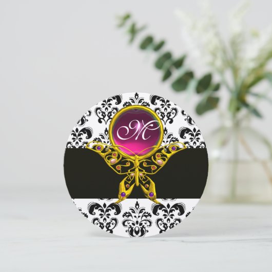 HYPER BUTTERFLY PINK MONOGRAM, Schwarz-weißer Dama Einladung (Stehend Vorderseite)
