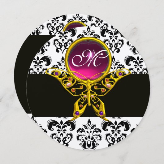 HYPER BUTTERFLY PINK MONOGRAM, Schwarz-weißer Dama Einladung (Vorne/Hinten)
