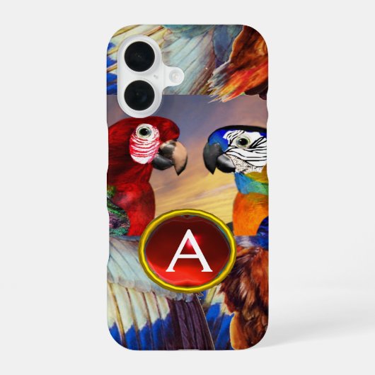 HYPER PARROS /RED UND BLAUE ARTE GEMSTONE MONOGRAM iPhone 16 HÜLLE (Rückseite)