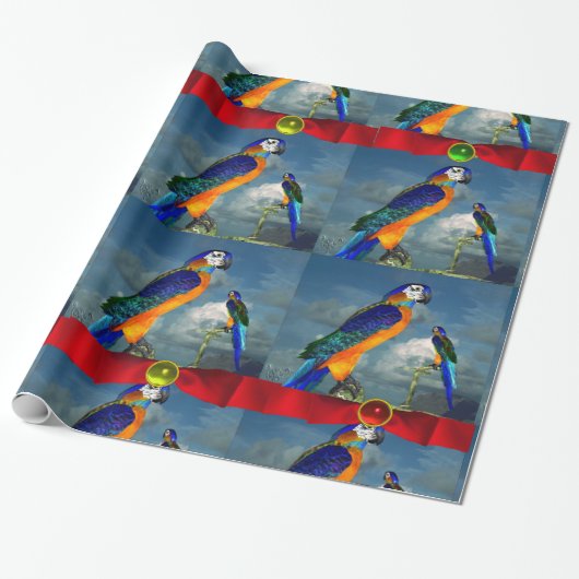 HYPER PARROTS /BLAUE ARA MIT ROTEN RIBONEN GESCHENKPAPIER (Ungerollt)